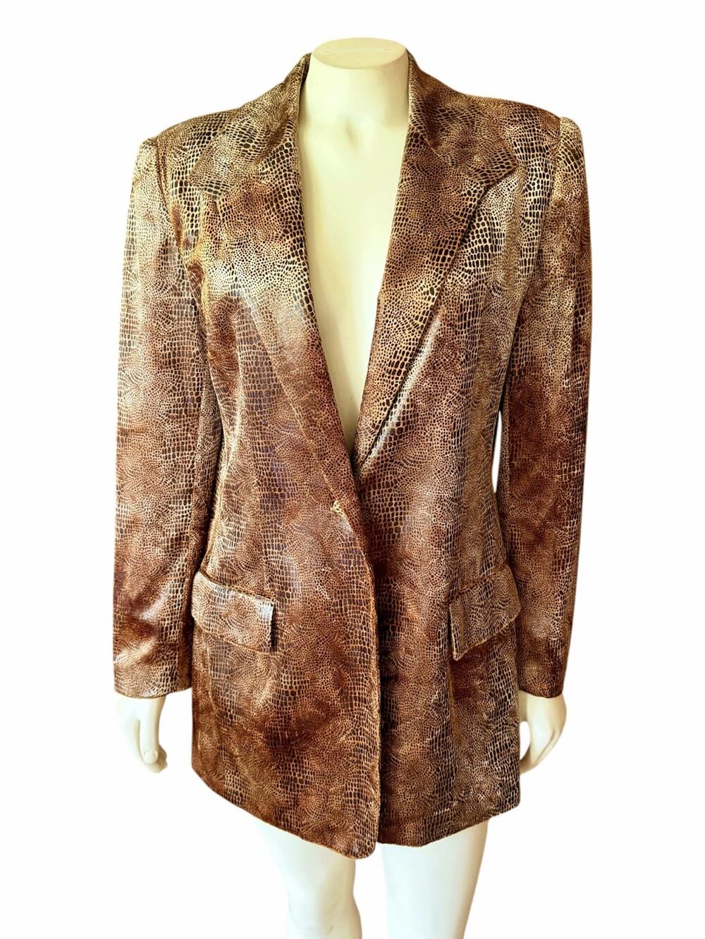Vintage Caché Brown Snake Print Velvet Longline Blazer Jacket 8 Metallic Glaze